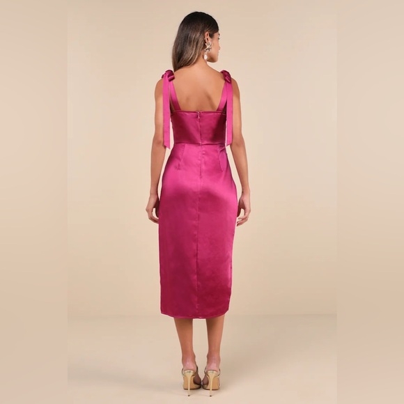 Lulu's Graceful Sophistication Magenta Pink Satin Bow Tie Straps Midi Dress M - Picture 2 of 12